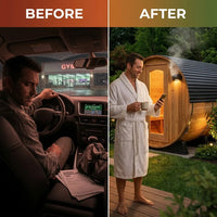 Outdoor Barrel Sauna Built for Year-Round Use, Cedar Construction, 9kW Electric Heater, Wi-Fi Controls — Before & After