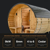 Outdoor Barrel Sauna Built for Year-Round Use, Cedar Construction, 9kW Electric Heater, Wi-Fi Controls — Results & Stats
