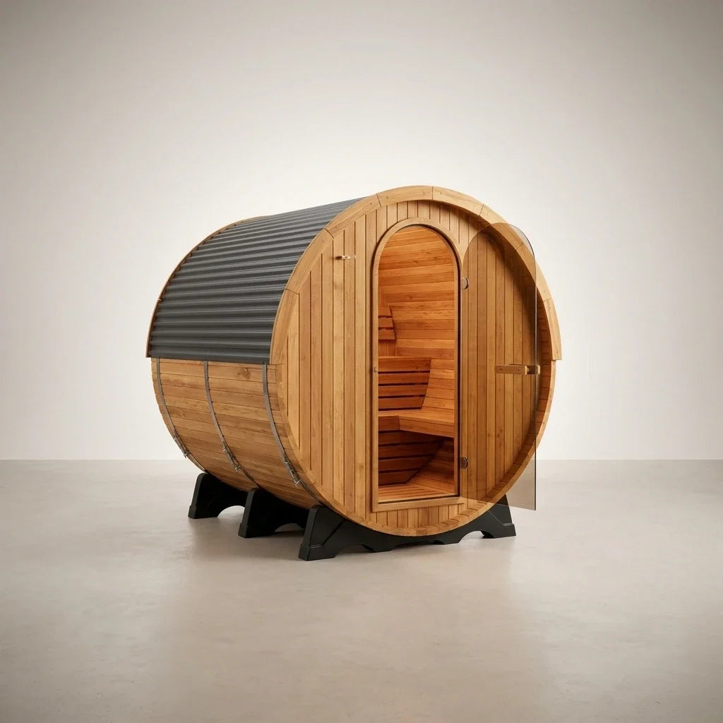 Outdoor Barrel Sauna Built for Year-Round Use, Cedar Construction, 9kW Electric Heater, Wi-Fi Controls — Studio Shot