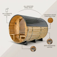 Outdoor Barrel Sauna Built for Year-Round Use, Cedar Construction, 9kW Electric Heater, Wi-Fi Controls — infographic