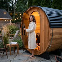 Outdoor Barrel Sauna Built for Year-Round Use, Cedar Construction, 9kW Electric Heater, Wi-Fi Controls — Lifestyle
