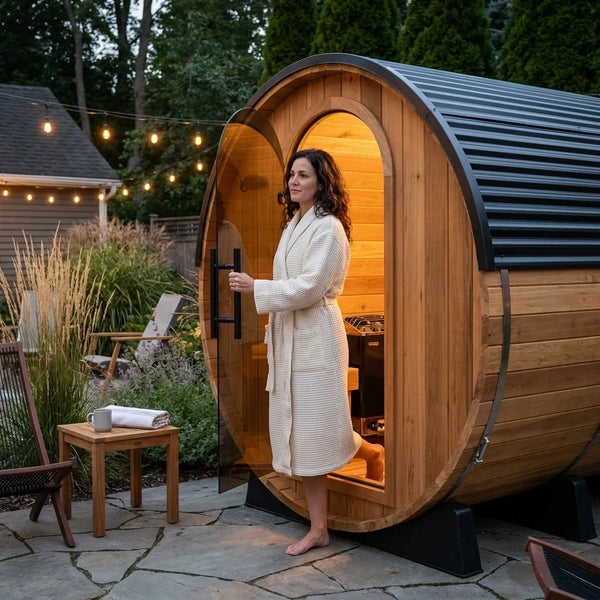 Outdoor Barrel Sauna Built for Year-Round Use, Cedar Construction, 9kW Electric Heater, Wi-Fi Controls