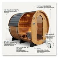 Outdoor Barrel Sauna Built for Year-Round Use, Cedar Construction, 9kW Electric Heater, Wi-Fi Controls — How It Works