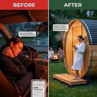 Paxton 4-6 Person Traditional Cedar Outdoor Barrel Sauna with Electric Sauna Heater, Front Porch, Sauna Rocks, Dry Heat, Steam Sauna, LED Lights, Wi-Fi Panel, Sauna Accessories — Before & After