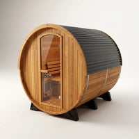 Paxton 4-6 Person Traditional Cedar Outdoor Barrel Sauna with Electric Sauna Heater, Front Porch, Sauna Rocks, Dry Heat, Steam Sauna, LED Lights, Wi-Fi Panel, Sauna Accessories — Studio Shot