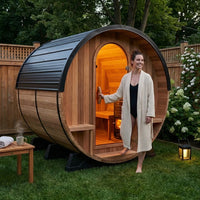 Paxton 4-6 Person Traditional Cedar Outdoor Barrel Sauna with Electric Sauna Heater, Front Porch, Sauna Rocks, Dry Heat, Steam Sauna, LED Lights, Wi-Fi Panel, Sauna Accessories — Lifestyle