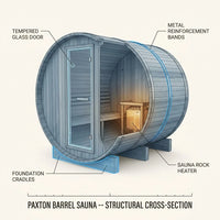 Paxton 4-6 Person Traditional Cedar Outdoor Barrel Sauna with Electric Sauna Heater, Front Porch, Sauna Rocks, Dry Heat, Steam Sauna, LED Lights, Wi-Fi Panel, Sauna Accessories — How It Works