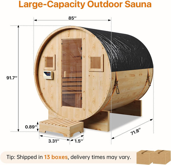 Outdoor Traditional Sauna Designed for 4-6 People, Solid Wood Barrel, 6KW Electric Heater, 220V Steam System